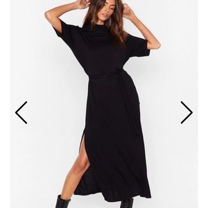 Belted black midi dress